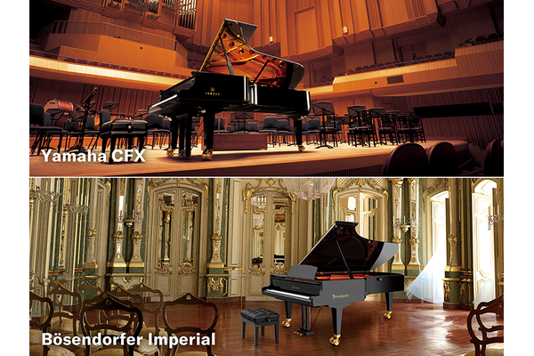 A photo of Yamaha’s CFX concert grand piano and the Bösendorfer imperial