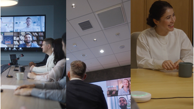 Photo of people comfortably conferencing in different environments, representing intelligent auto-optimization