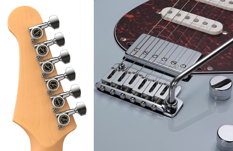 Zbliżenie na mostek, przetworniki i potencjometry modelu Yamaha Pacifica Standard Plus 12 Ice Blue