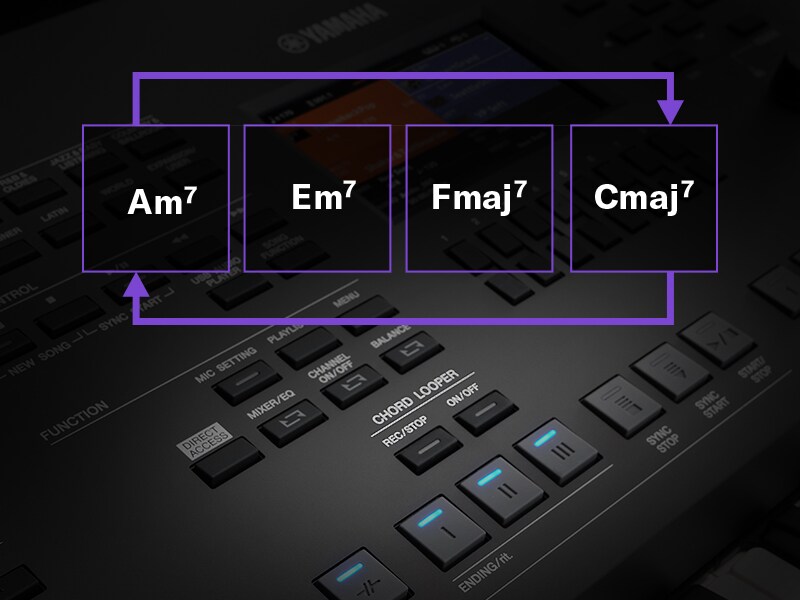 Ilustracja funkcji Chord Looper zapętlającej sekwencję akordów na modelu PSR-SX620.