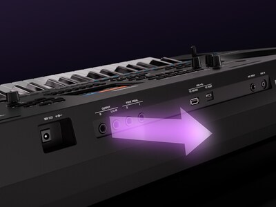 Zbliżenie gniazd wyjściowych LINE OUT w modelu PSR-SX620, zapewniających wysoką jakość sygnału audio.