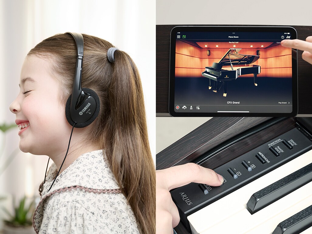Ćwiczenie na pianinie cyfrowym w słuchawkach, korzystanie z ekranu aplikacji Smart Pianist oraz nagrywanie za pomocą wbudowanych elementów sterujących instrumentu.