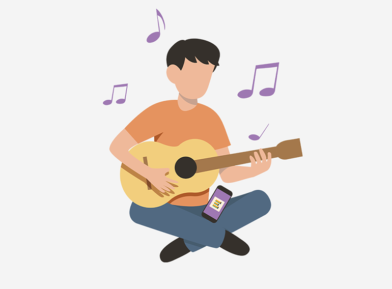 Mężczyzna korzystający z aplikacji Extrack do ćwiczenia z wykorzystaniem diagramów akordów