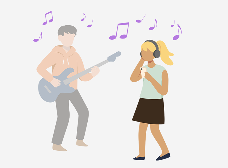 Kobieta z uwagą wsłuchuje się we frazy każdego instrumentu, regulując ich głośność w aplikacji do ćwiczenia muzyki Extrack