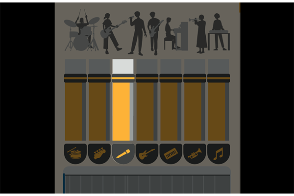 Zrzut ekranu pokazujący ścieżkę audio rozdzieloną na różne partie, takie jak gitary, wokale, perkusja, bas, pianina i instrumenty dęte.﻿