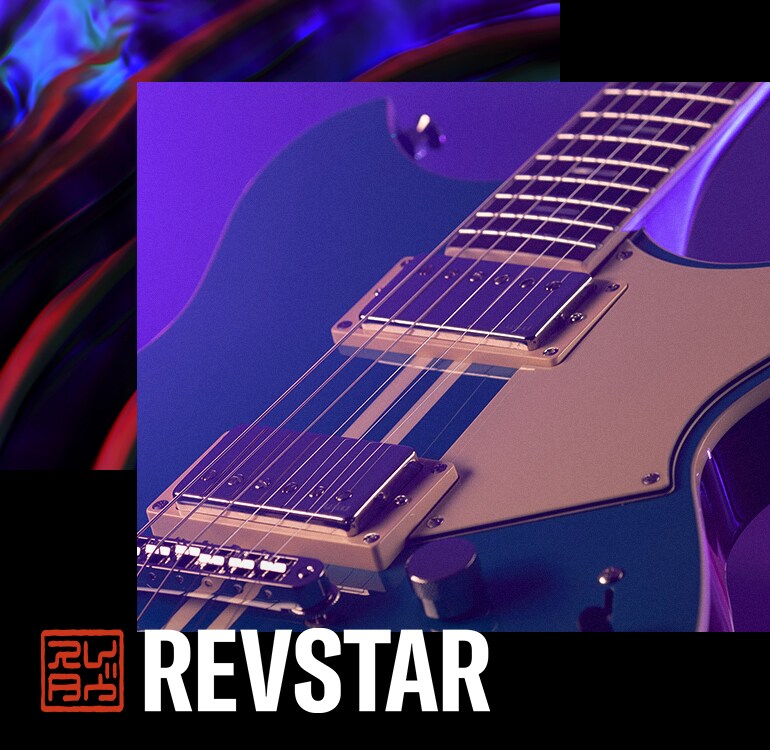 Zbliżenie na gitarę elektryczną Revstar Professional „RSP20 SWB” z fioletowym oświetleniem w tle
